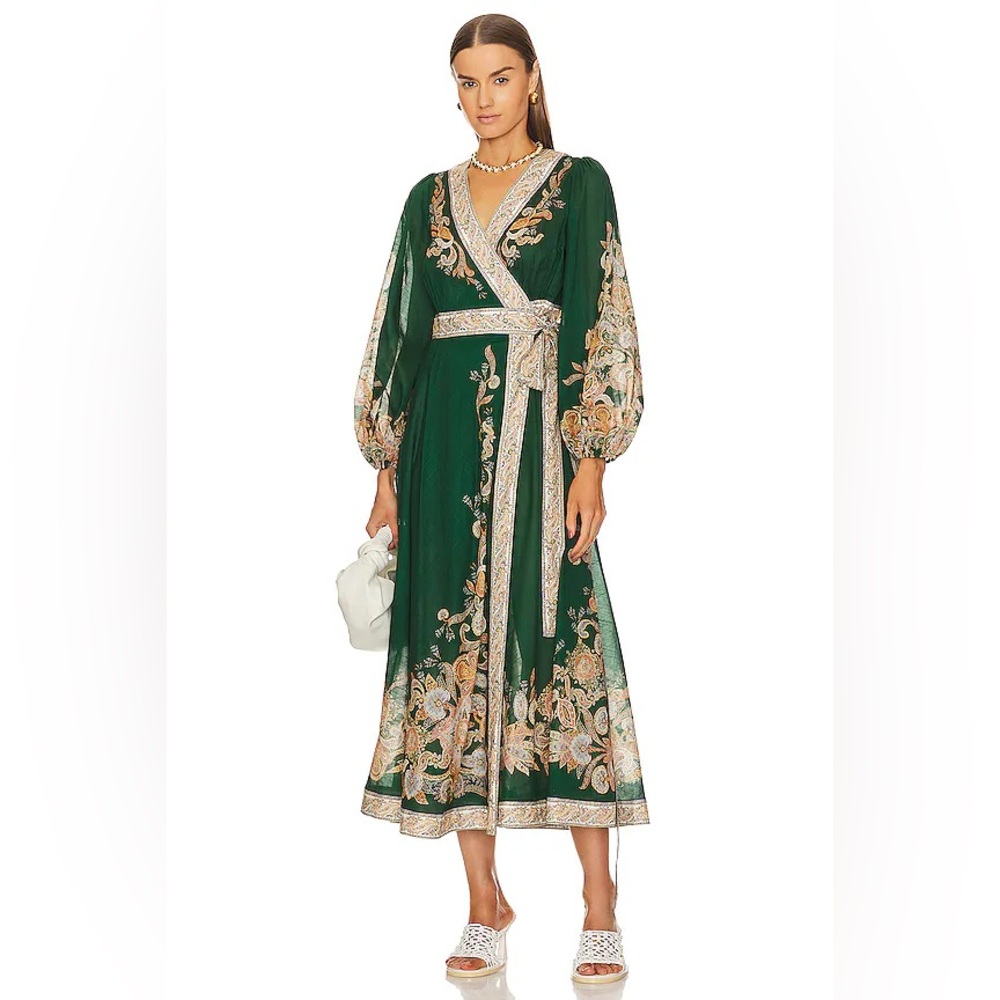 Zimmermann Devi Wrap Midi Dress Emerald & Paisley